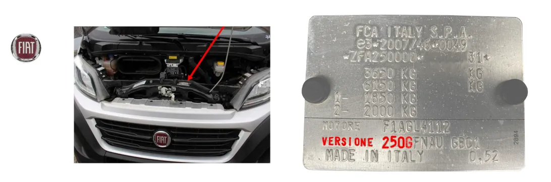 Fiat Ducato: Lage des Typenschilds im Motorraum und Typenschild mit markierter Version